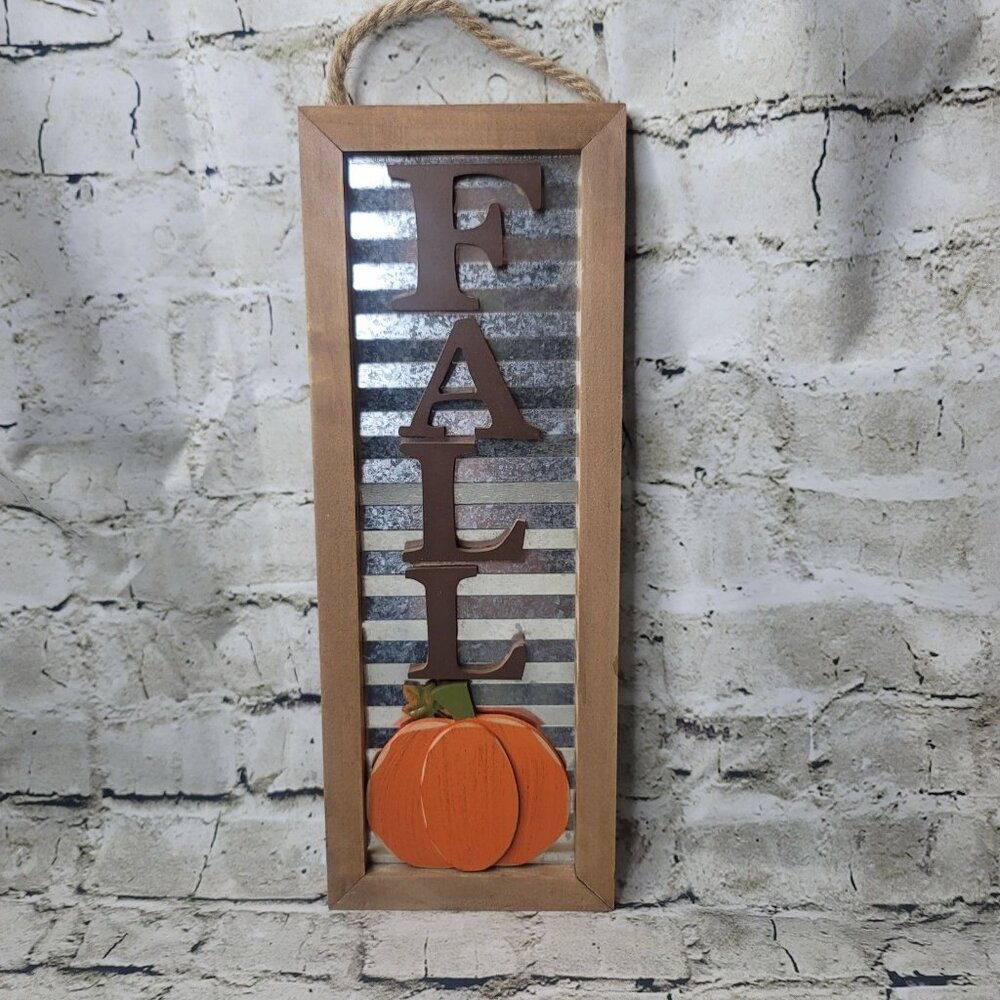 Dan Dee Fall w Pumpkin Wood Metal Wall Door Hanging  Autumn Greetings  16 x 6"
